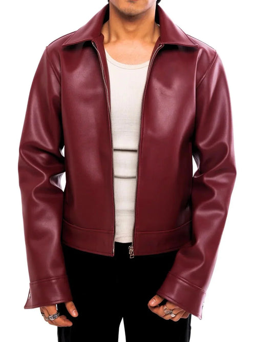 Burgundy Oversized Leather Jacket for Men | Premium Zip-Up Jacket | XOVRA - XOVRA.IN