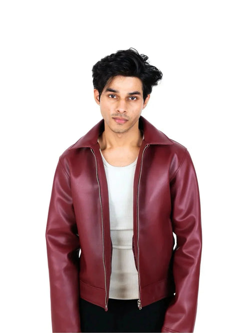 Burgundy Oversized Leather Jacket for Men | Premium Zip-Up Jacket | XOVRA - XOVRA.IN