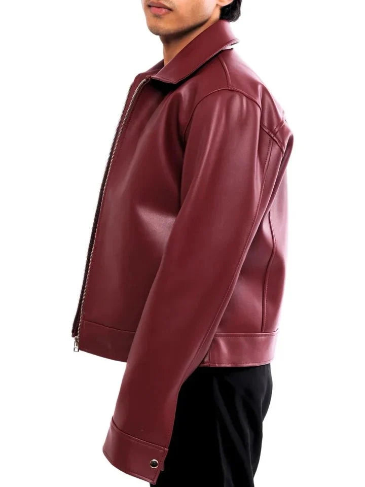 Burgundy Oversized Leather Jacket for Men | Premium Zip-Up Jacket | XOVRA - XOVRA.IN