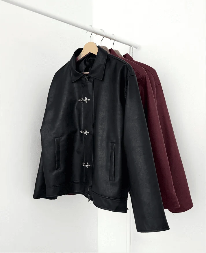 Metal Clasp Oversized Cropped Leather Jacket (Burgundy) - XOVRA.IN