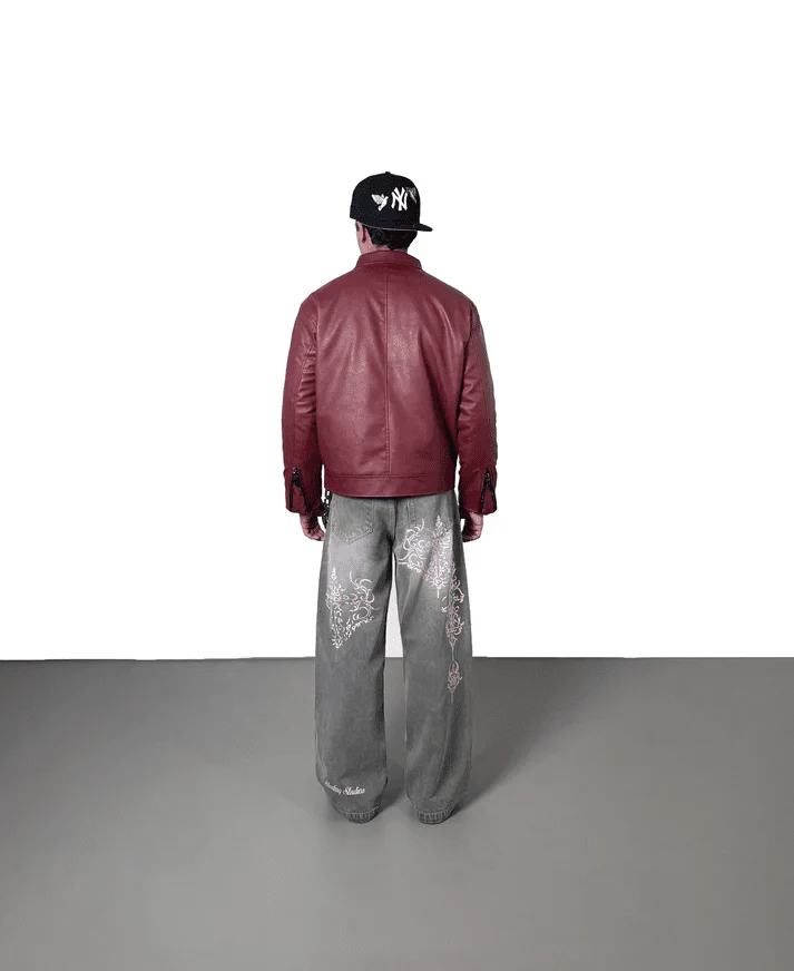 Metal Clasp Oversized Cropped Leather Jacket (Burgundy) - XOVRA.IN