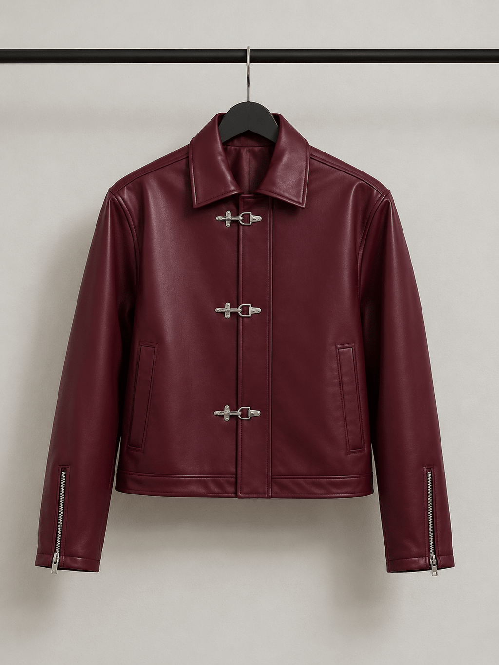 Metal Clasp Oversized Cropped Leather Jacket (Burgundy) - XOVRA.IN