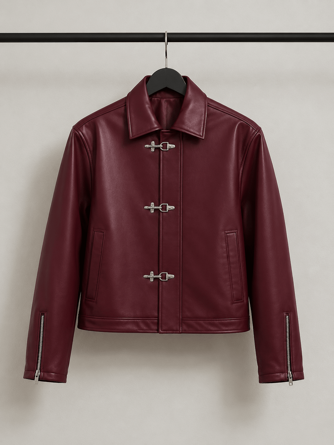Metal Clasp Oversized Cropped Leather Jacket (Burgundy) - XOVRA.IN