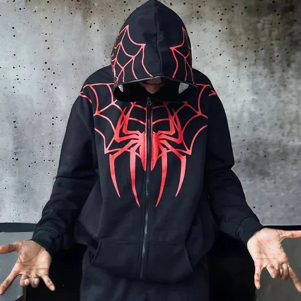 Spider Web Graphic Zip-Up Hoodie – Black Oversized Streetwear Hoodie - XOVRA.IN