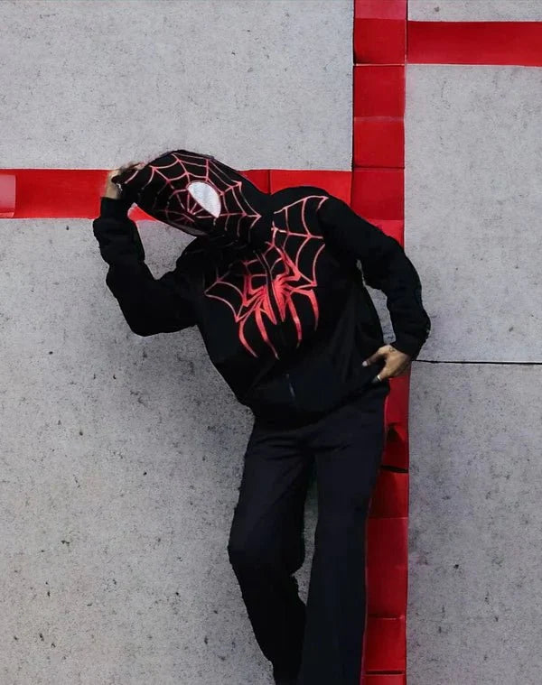 Spider Web Graphic Zip-Up Hoodie – Black Oversized Streetwear Hoodie - XOVRA.IN