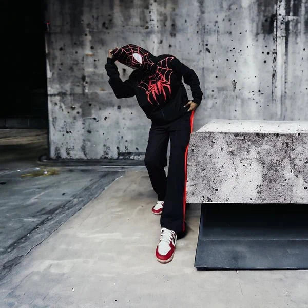 Spider Web Graphic Zip-Up Hoodie – Black Oversized Streetwear Hoodie - XOVRA.IN